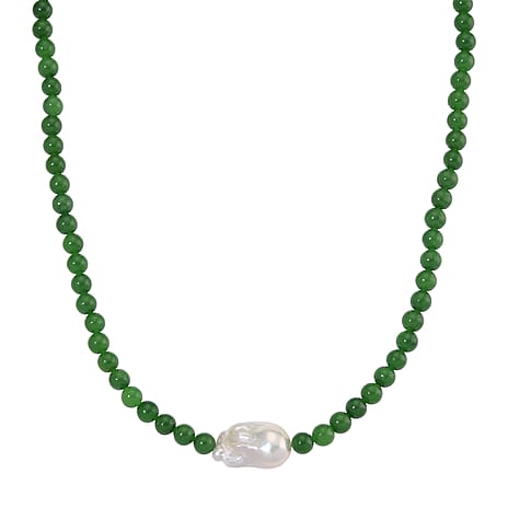 BRAND NEW - Green Jade & White Baroque  Pearl Necklace (Size 20 - 2 Ext) in Rhodium Overlay Sterling Silver 290.00 Ct.