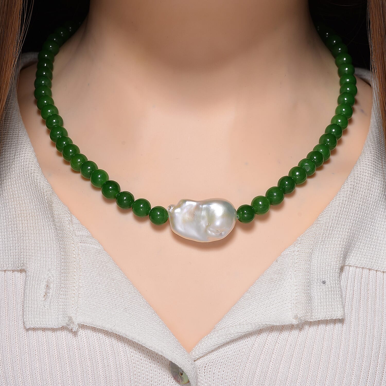 BRAND NEW - Green Jade & White Baroque  Pearl Necklace (Size 20 - 2 Ext) in Rhodium Overlay Sterling Silver 290.00 Ct.