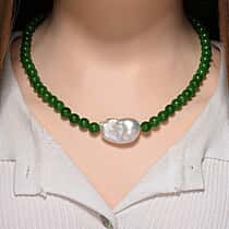 BRAND NEW - Green Jade & White Baroque  Pearl Necklace (Size 20 - 2 Ext) in Rhodium Overlay Sterling Silver 290.00 Ct.