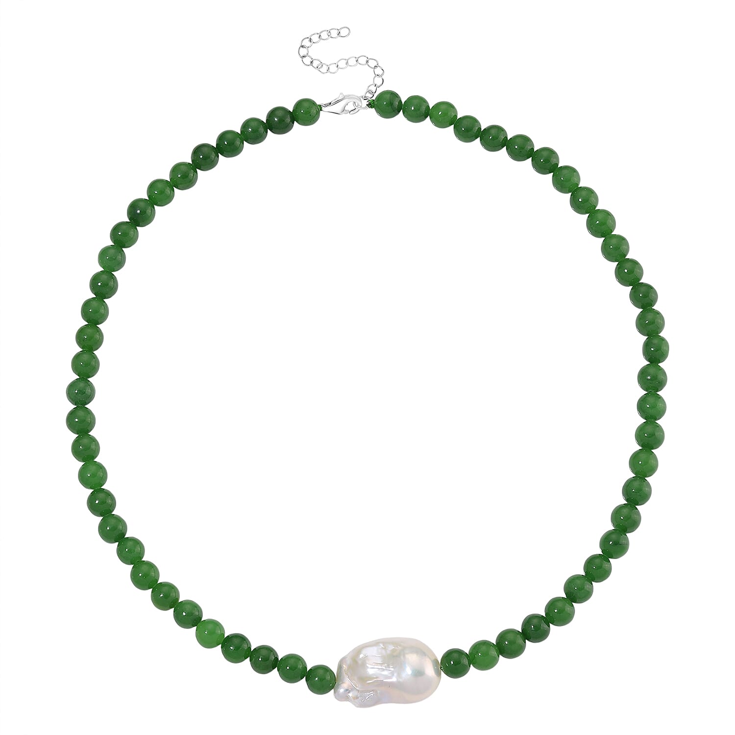 BRAND NEW - Green Jade & White Baroque  Pearl Necklace (Size 20 - 2 Ext) in Rhodium Overlay Sterling Silver 290.00 Ct.