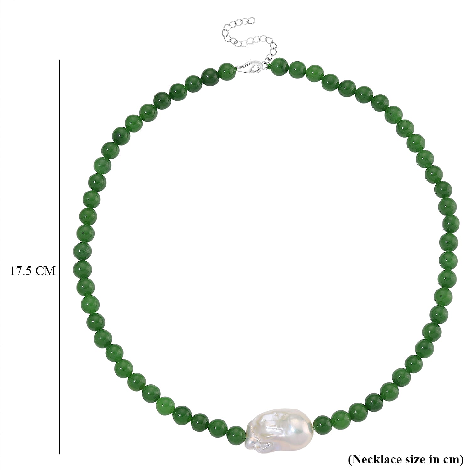 BRAND NEW - Green Jade & White Baroque  Pearl Necklace (Size 20 - 2 Ext) in Rhodium Overlay Sterling Silver 290.00 Ct.