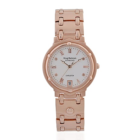 KRUG BAUMEN Charleston Quartz Movt. 3ATM Water Resistant White Dial Women Diamond Watch with Rose Colour Stainless Steel Strap and Rose-Tone Case