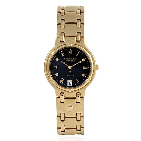 KRUG BAUMEN Charleston Quartz Movt. 3ATM Water Resistant Black Dial Women Diamond Watch with Gold Colour Stainless Steel Strap and Gold-Tone Case