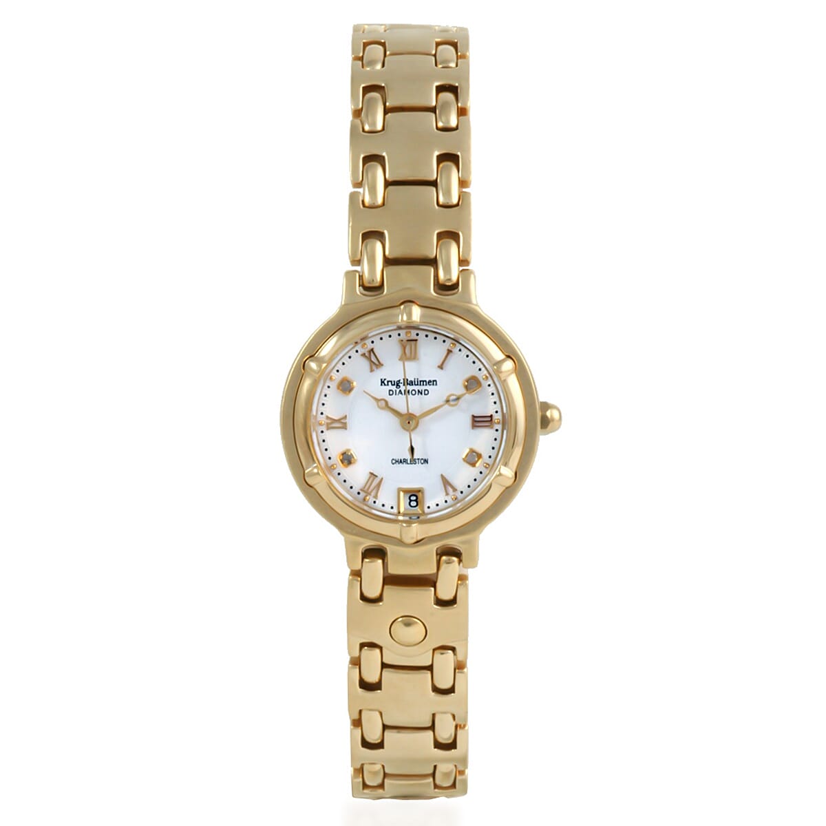 KRUG BAUMEN Charleston Quartz Movt. 3ATM Water Resistant White Dial Ladies Diamond Watch with Gold Colour Stainless Steel Strap and Gold-Tone Case