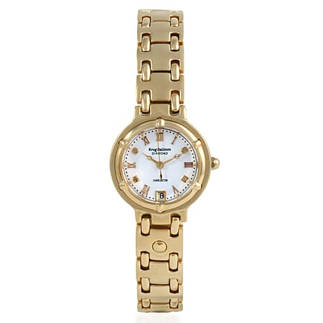 KRUG BAUMEN Charleston Quartz Movt. 3ATM Water Resistant White Dial Ladies Diamond Watch with Gold Colour Stainless Steel Strap and Gold-Tone Case