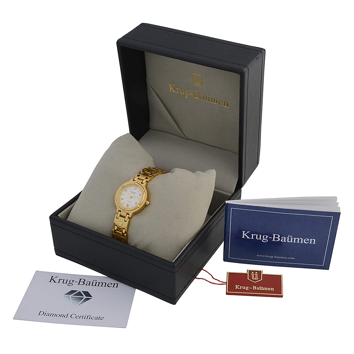 KRUG BAUMEN Charleston Quartz Movt. 3ATM Water Resistant White Dial Ladies Diamond Watch with Gold Colour Stainless Steel Strap and Gold-Tone Case