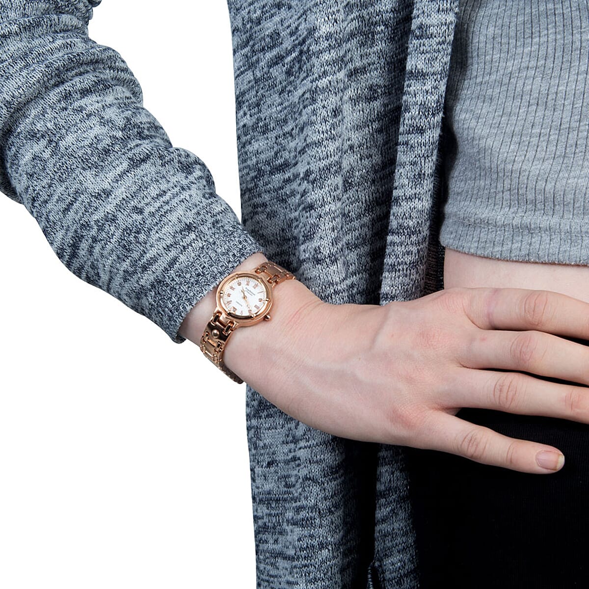 KRUG BAUMEN Charleston Quartz Movt. 3ATM Water Resistant White Dial Ladies Watch with Rose Gold Stainless Steel Chain Strap