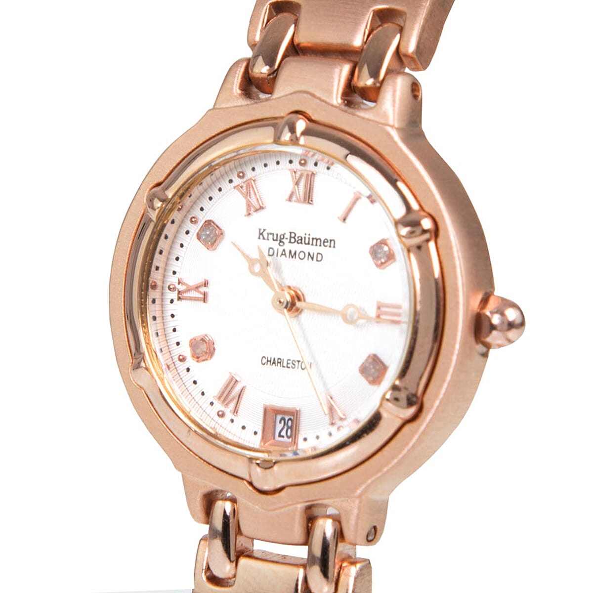 KRUG BAUMEN Charleston Quartz Movt. 3ATM Water Resistant White Dial Ladies Watch with Rose Gold Stainless Steel Chain Strap