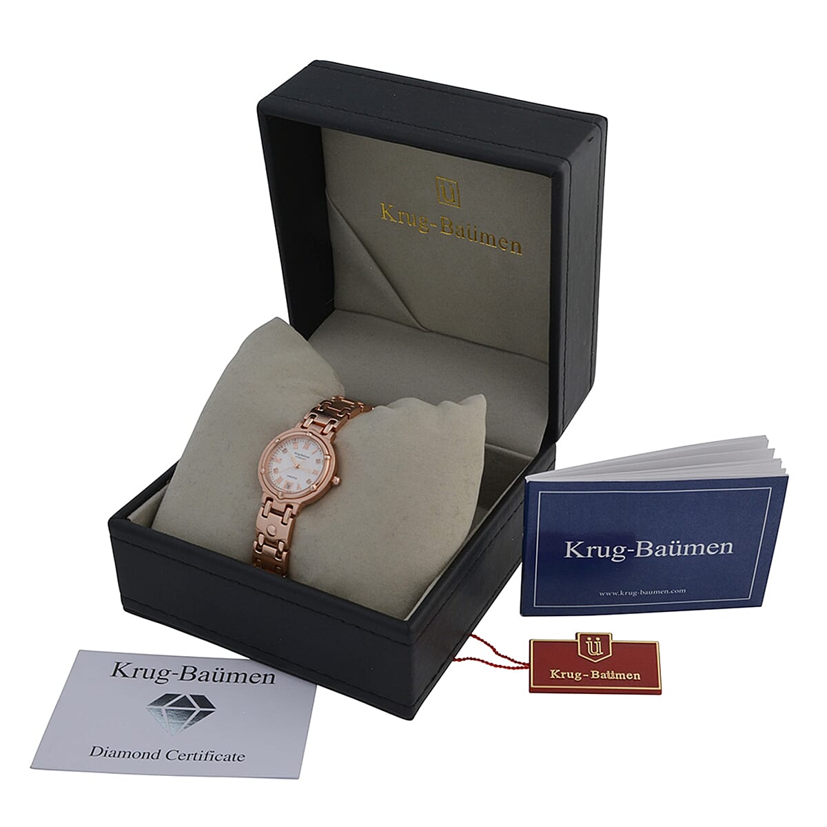 KRUG BAUMEN Charleston Quartz Movt. 3ATM Water Resistant White Dial Ladies Watch with Rose Gold Stainless Steel Chain Strap