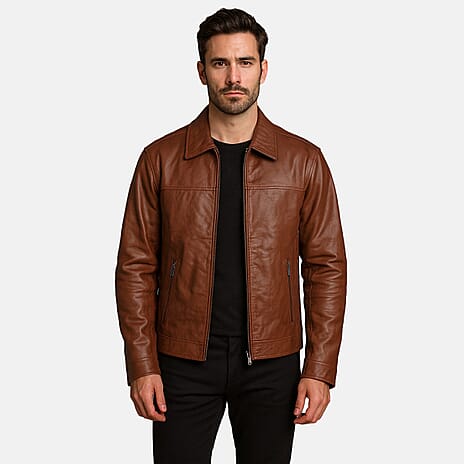 Valliserie Renwick Collar Leather Jacket With Zip Detail (Size S) - Brown