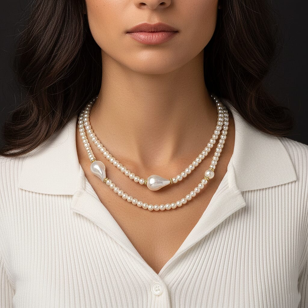 White Shell Pearl & White Crystal Necklace (Size - 40) 282.00 Ct.