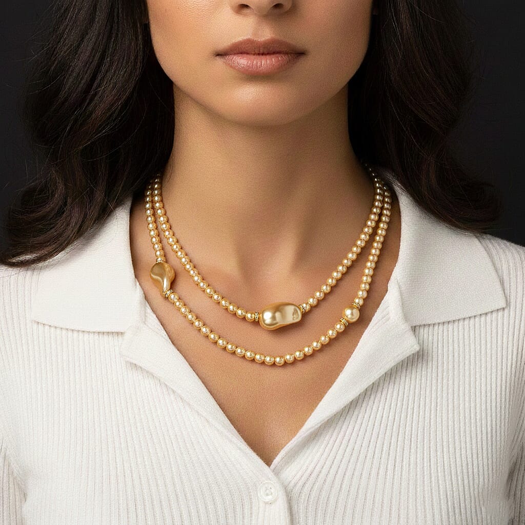 Golden Shell Pearl & White Crystal Necklace 282.00 Ct.