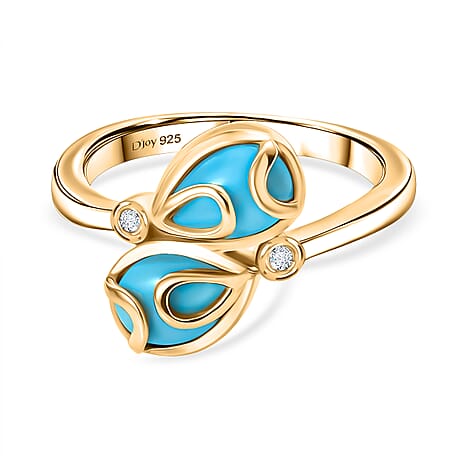 D'joy Sleeping Beauty Turquoise & White Zircon Ring in Yellow Gold Plating Sterling Silver 1.33 Ct.