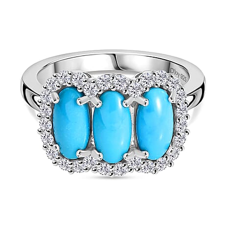 D'joy Sleeping Beauty Turquoise & White Zircon Ring in Rhodium Overlay Sterling Silver 2.31 Ct.