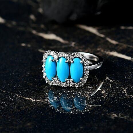 D'joy Sleeping Beauty Turquoise & White Zircon Ring in Rhodium Overlay Sterling Silver 2.31 Ct.