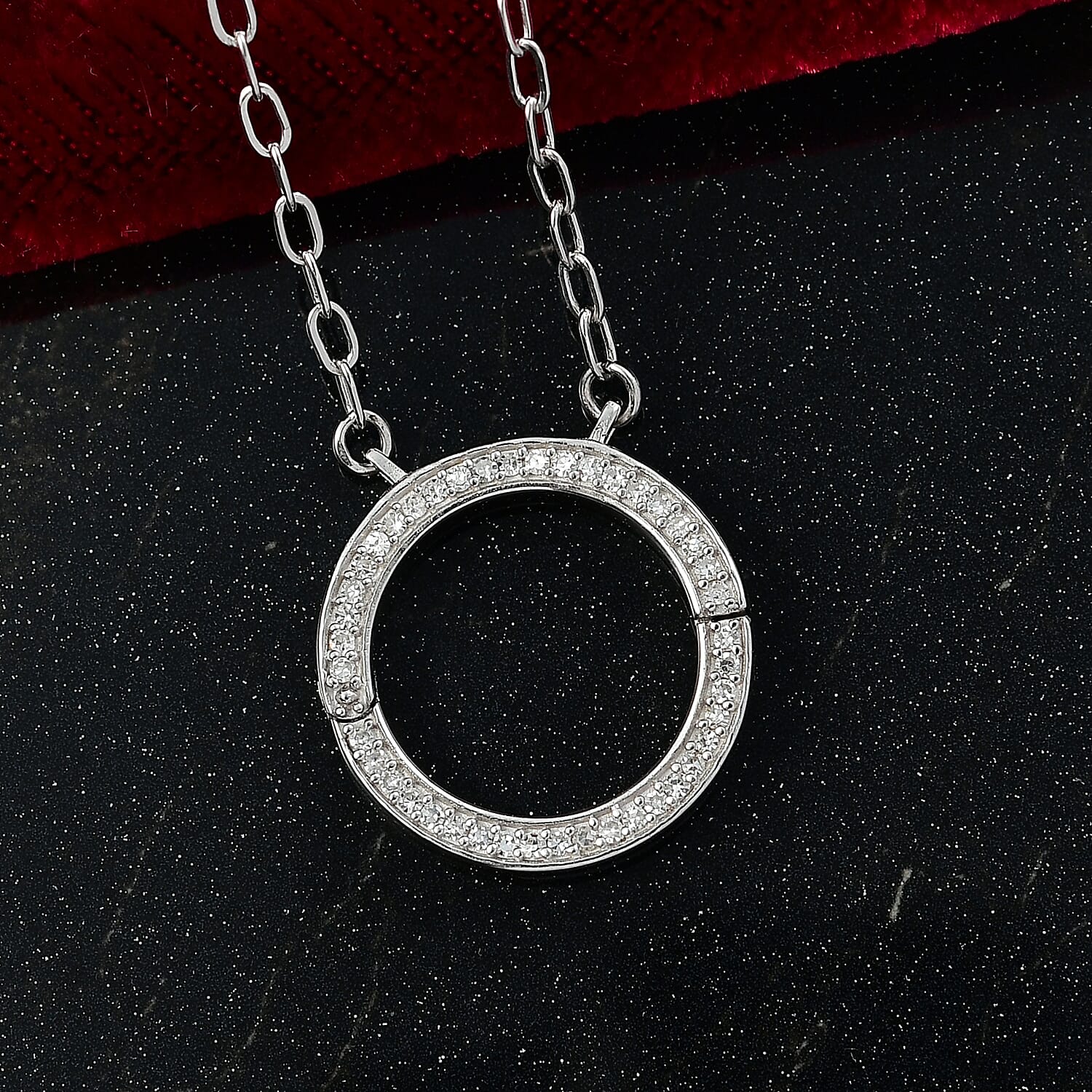 Luxuriant Lab Grown Diamond (SI-GH) Openable Circle Pendent (Size - 20) in Rhodium Overlay Sterling Silver 0.25Cts