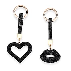 Designer Inspired - Set of 2  Sparkling Heart & Lip Shaped Keychains- Charms in Yellow Gold Tone - Blue