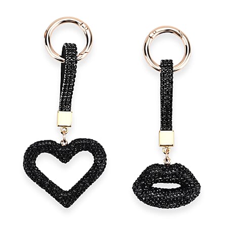 Designer Inspired - Set of 2  Sparkling Heart & Lip Shaped Keychains- Charms in Yellow Gold Tone - Black