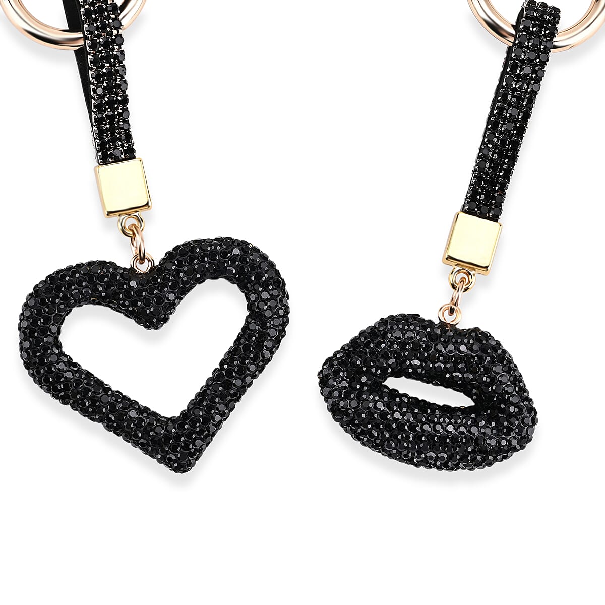 Designer Inspired - Set of 2  Sparkling Heart & Lip Shaped Keychains- Charms in Yellow Gold Tone - Black