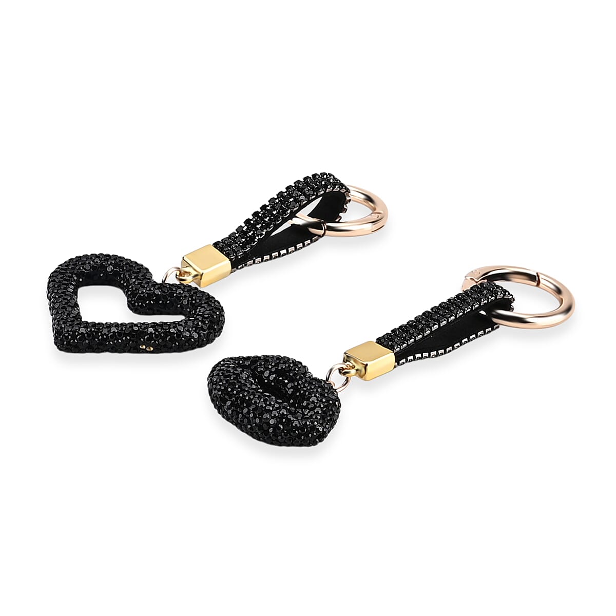 Designer Inspired - Set of 2  Sparkling Heart & Lip Shaped Keychains- Charms in Yellow Gold Tone - Black