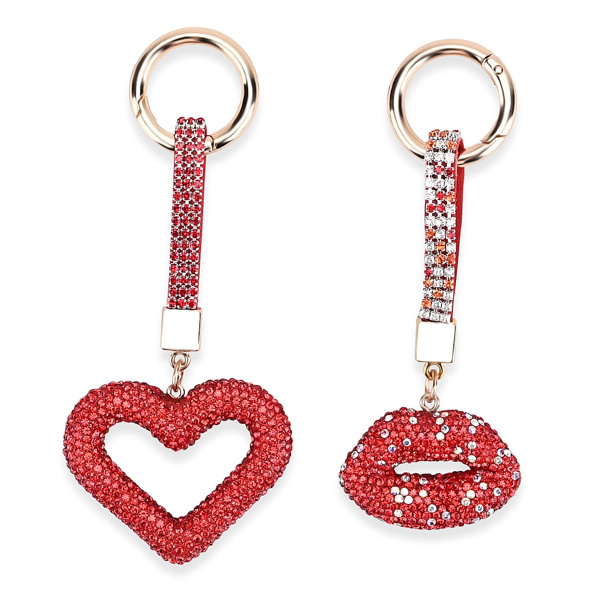 Designer Inspired - Set of 2  Sparkling Heart & Lip Shaped Keychains- Charms in Yellow Gold Tone - Red