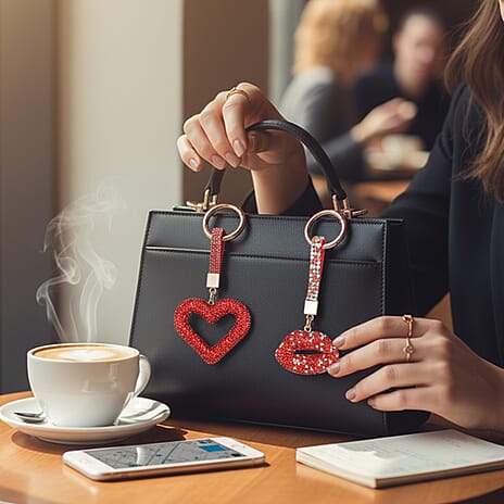 Designer Inspired - Set of 2  Sparkling Heart & Lip Shaped Keychains- Charms in Yellow Gold Tone - Red