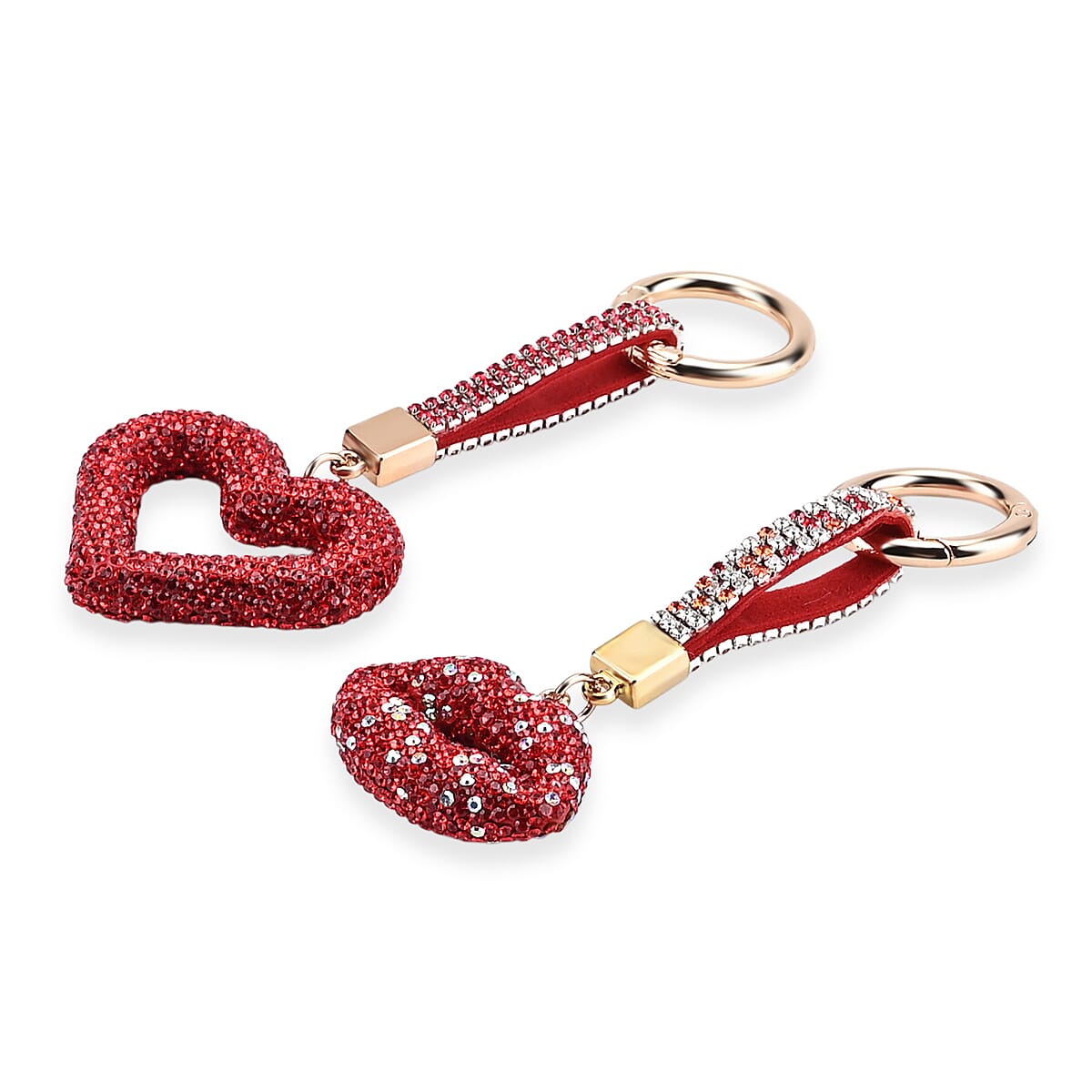 Designer Inspired - Set of 2  Sparkling Heart & Lip Shaped Keychains- Charms in Yellow Gold Tone - Red