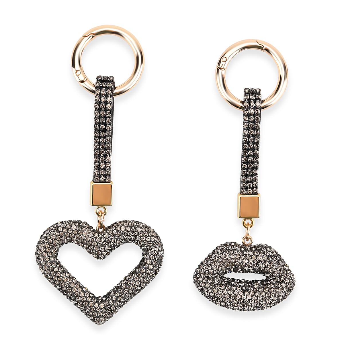 Designer Inspired - Set of 2  Sparkling Heart & Lip Shaped Keychains- Charms in Yellow Gold Tone - Grey