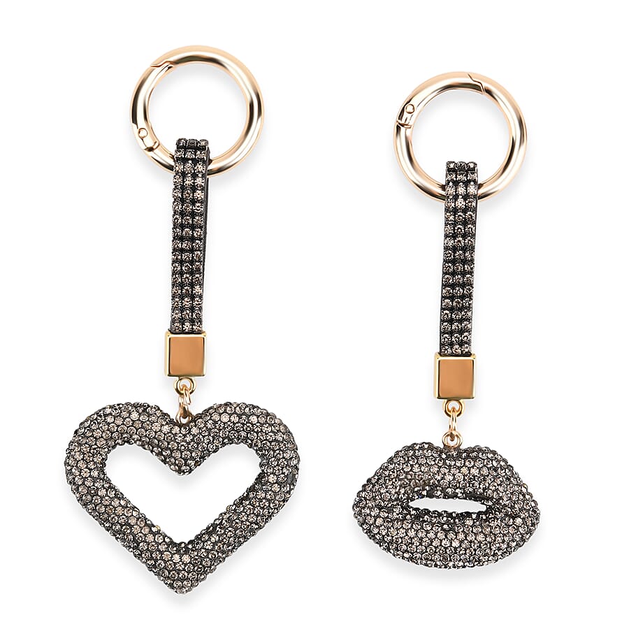Designer Inspired - Set of 2 Sparkling Heart & Lip Shaped Keychains- Charms in Yellow Gold Tone - Grey
