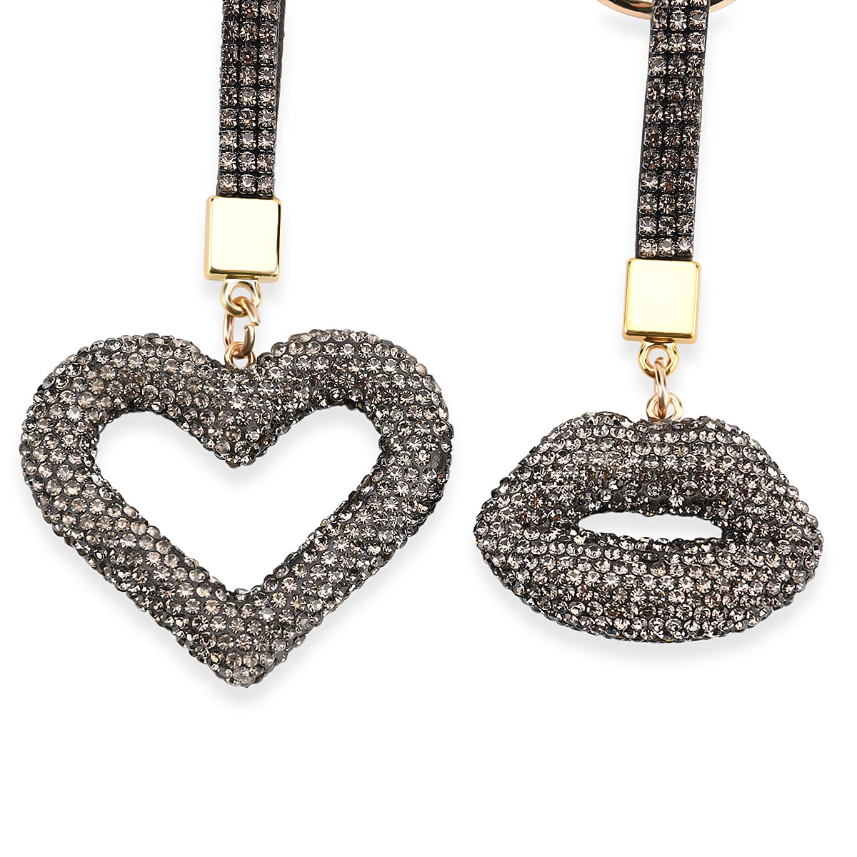 Designer Inspired - Set of 2  Sparkling Heart & Lip Shaped Keychains- Charms in Yellow Gold Tone - Grey