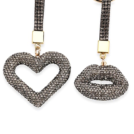 Designer Inspired - Set of 2  Sparkling Heart & Lip Shaped Keychains- Charms in Yellow Gold Tone - Grey