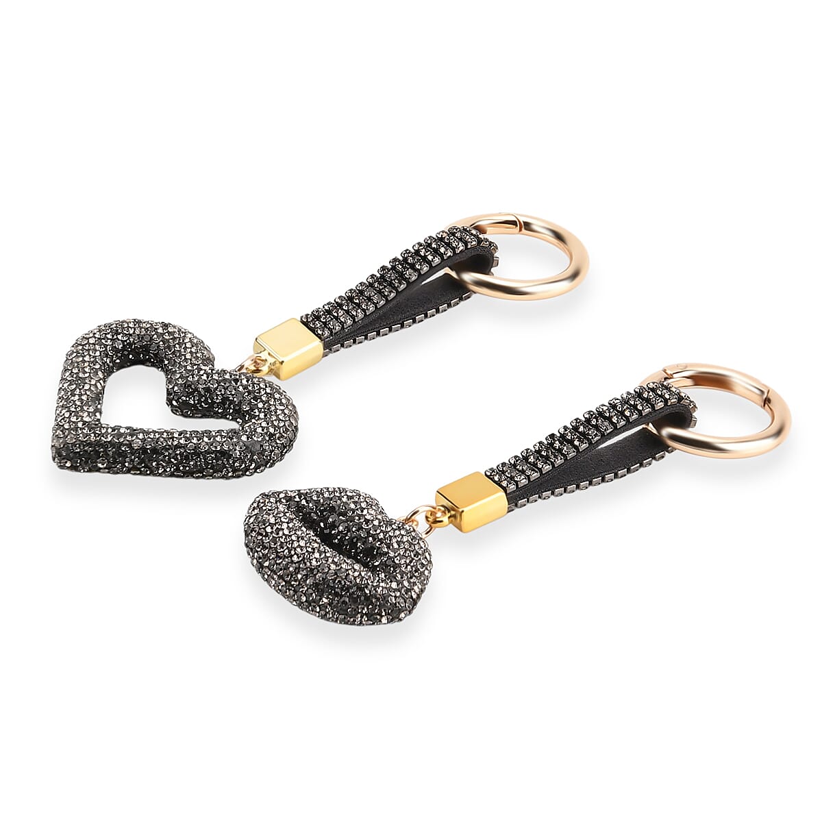 Designer Inspired - Set of 2  Sparkling Heart & Lip Shaped Keychains- Charms in Yellow Gold Tone - Grey