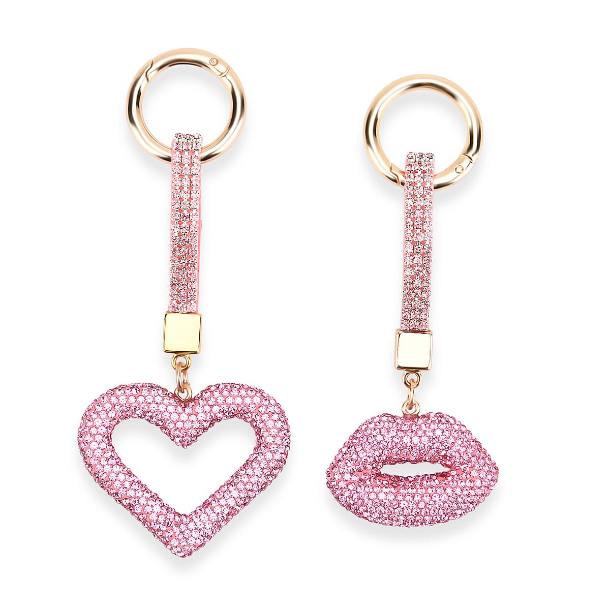 Designer Inspired - Set of 2  Sparkling Heart & Lip Shaped Keychains- Charms in Yellow Gold Tone - Pink
