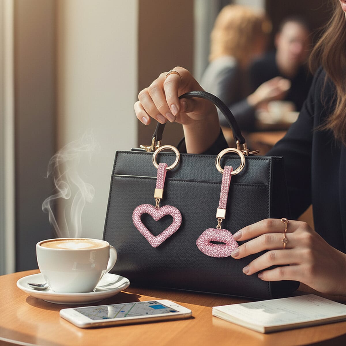 Designer Inspired - Set of 2  Sparkling Heart & Lip Shaped Keychains- Charms in Yellow Gold Tone - Pink