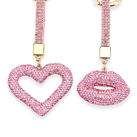 Designer Inspired - Set of 2  Sparkling Heart & Lip Shaped Keychains- Charms in Yellow Gold Tone - Pink