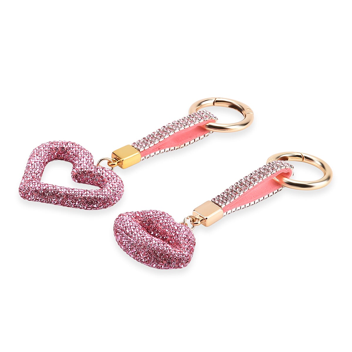 Designer Inspired - Set of 2  Sparkling Heart & Lip Shaped Keychains- Charms in Yellow Gold Tone - Pink