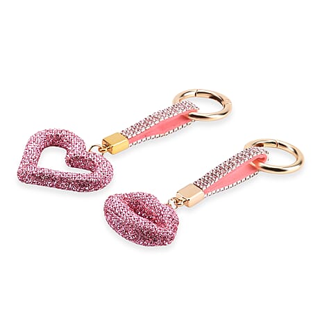 Designer Inspired - Set of 2  Sparkling Heart & Lip Shaped Keychains- Charms in Yellow Gold Tone - Pink