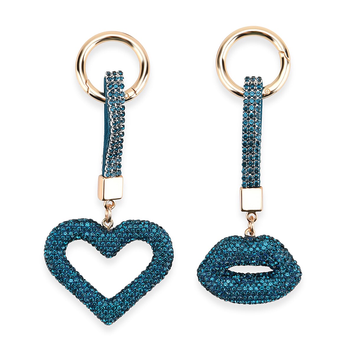 Designer Inspired - Set of 2  Sparkling Heart & Lip Shaped Keychains- Charms in Yellow Gold Tone - Blue