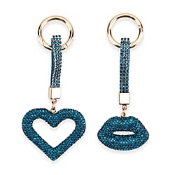 Designer Inspired - Set of 2  Sparkling Heart & Lip Shaped Keychains- Charms in Yellow Gold Tone - Blue