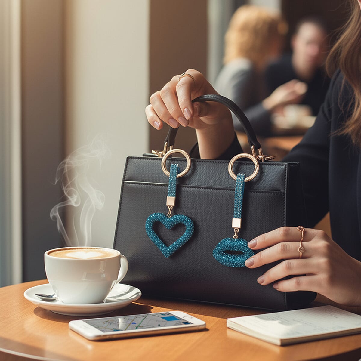 Designer Inspired - Set of 2  Sparkling Heart & Lip Shaped Keychains- Charms in Yellow Gold Tone - Blue