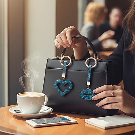 Designer Inspired - Set of 2  Sparkling Heart & Lip Shaped Keychains- Charms in Yellow Gold Tone - Blue