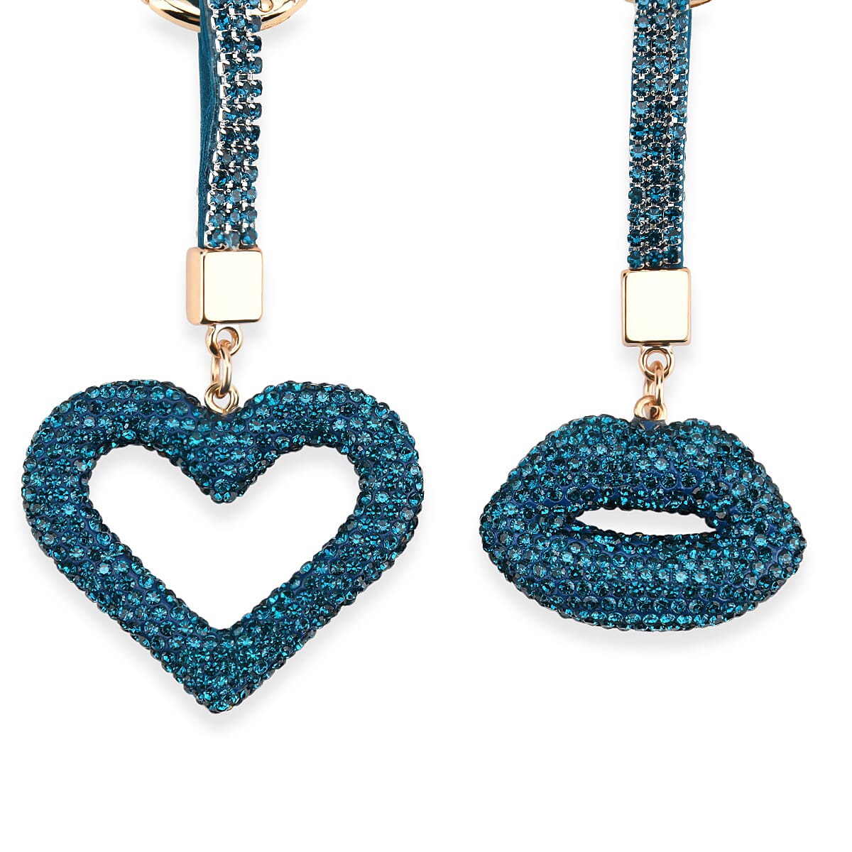 Designer Inspired - Set of 2  Sparkling Heart & Lip Shaped Keychains- Charms in Yellow Gold Tone - Blue