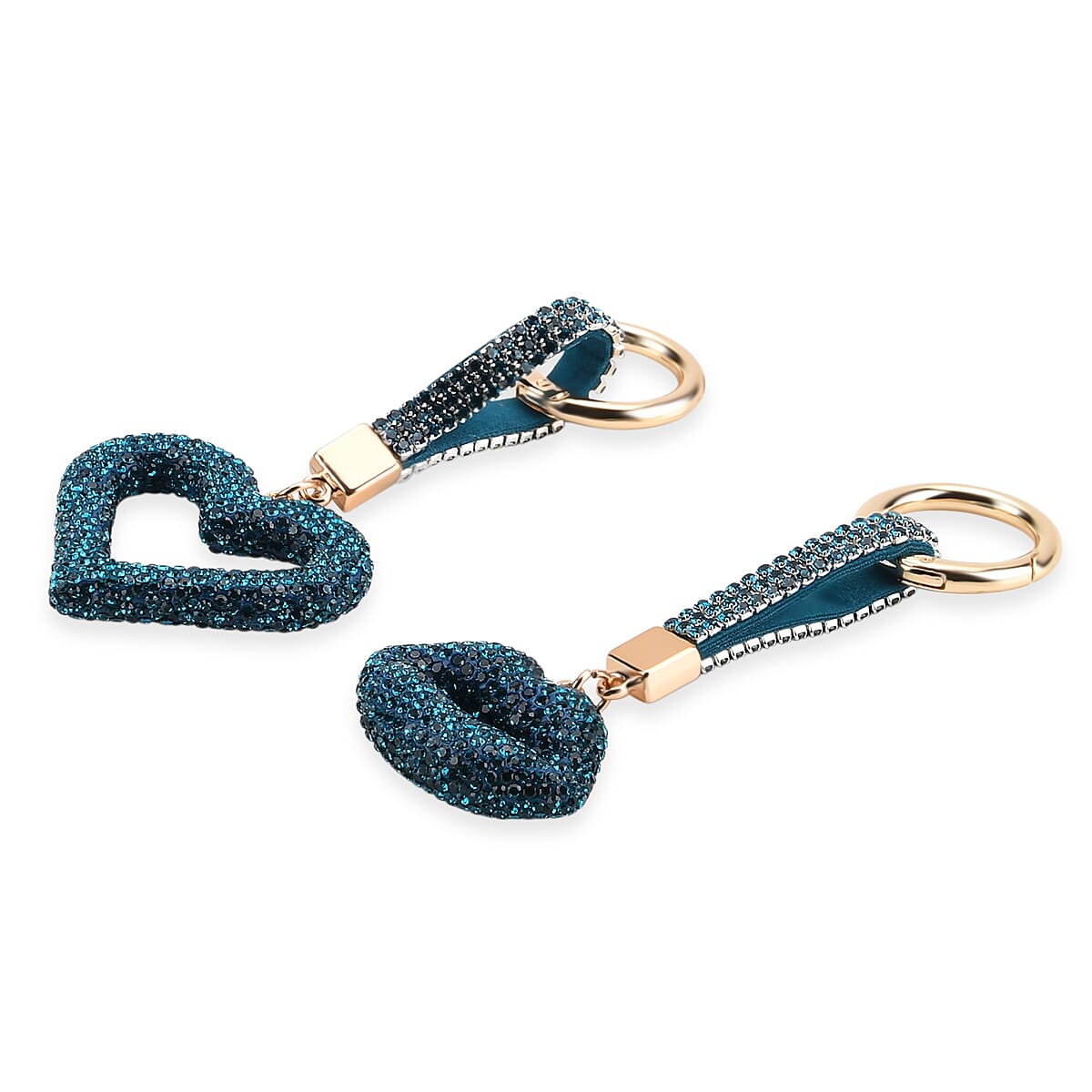 Designer Inspired - Set of 2  Sparkling Heart & Lip Shaped Keychains- Charms in Yellow Gold Tone - Blue