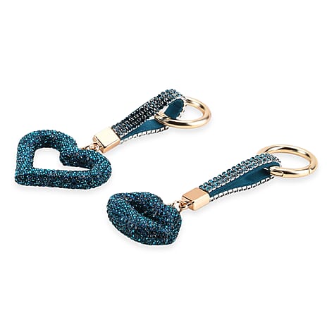Designer Inspired - Set of 2  Sparkling Heart & Lip Shaped Keychains- Charms in Yellow Gold Tone - Blue