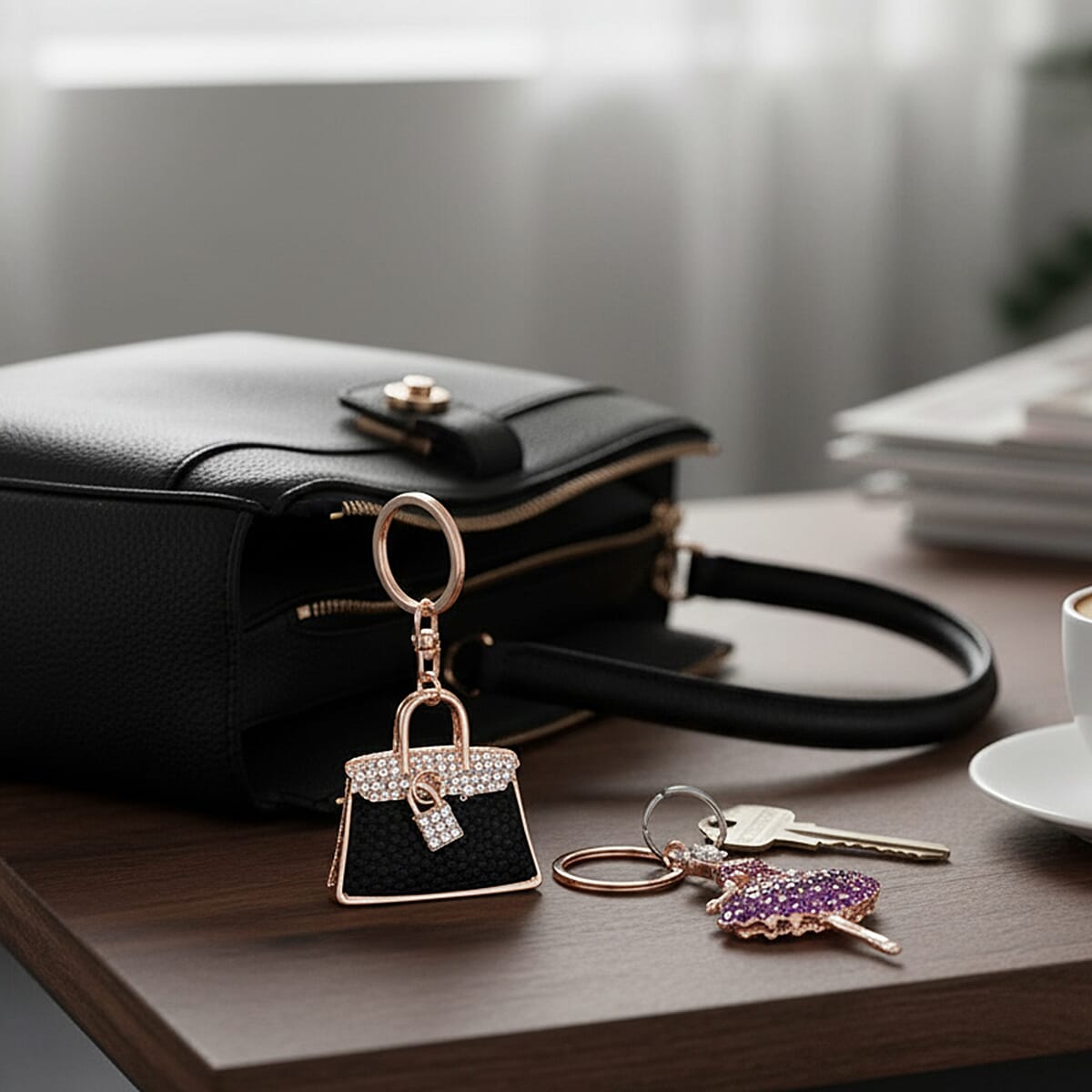 Set of 2 Austrian Crystal Sparkling Ballet Girl & Handbag Keychains- Charms - Purple