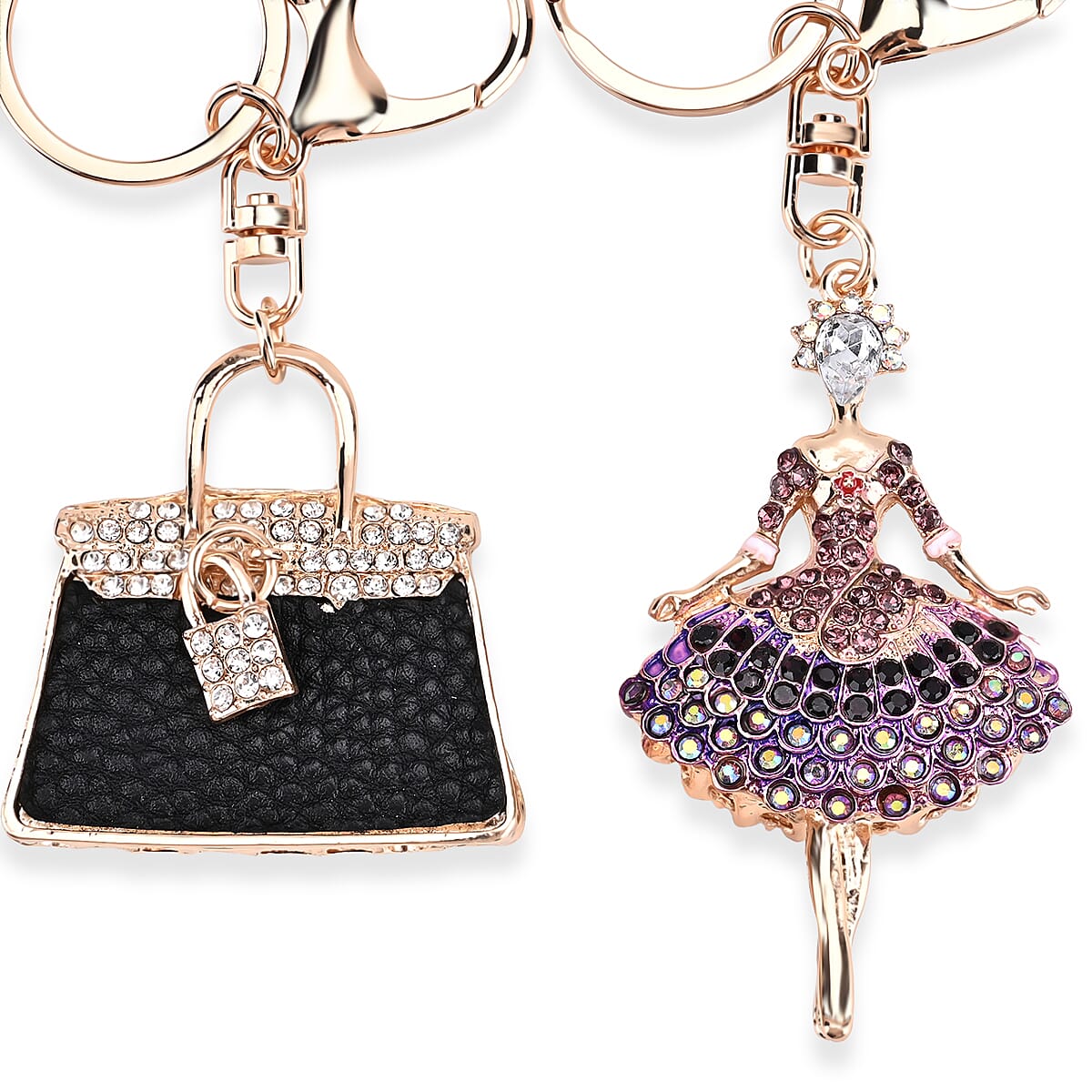 Set of 2 Austrian Crystal Sparkling Ballet Girl & Handbag Keychains- Charms - Purple
