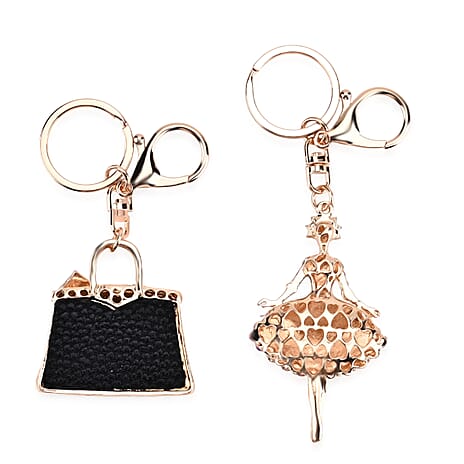 Set of 2 Austrian Crystal Sparkling Ballet Girl & Handbag Keychains- Charms - Purple