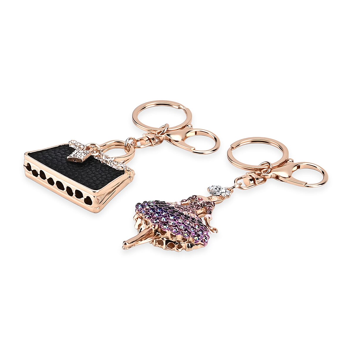 Set of 2 Austrian Crystal Sparkling Ballet Girl & Handbag Keychains- Charms - Purple