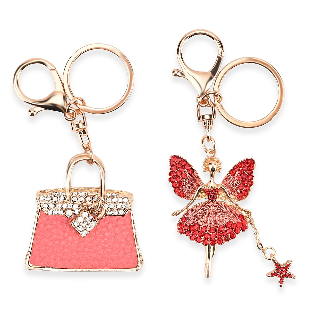 Set of 2 Austrian Crystal Sparkling Ballet Girl & Handbag Keychains- Charms - Pink
