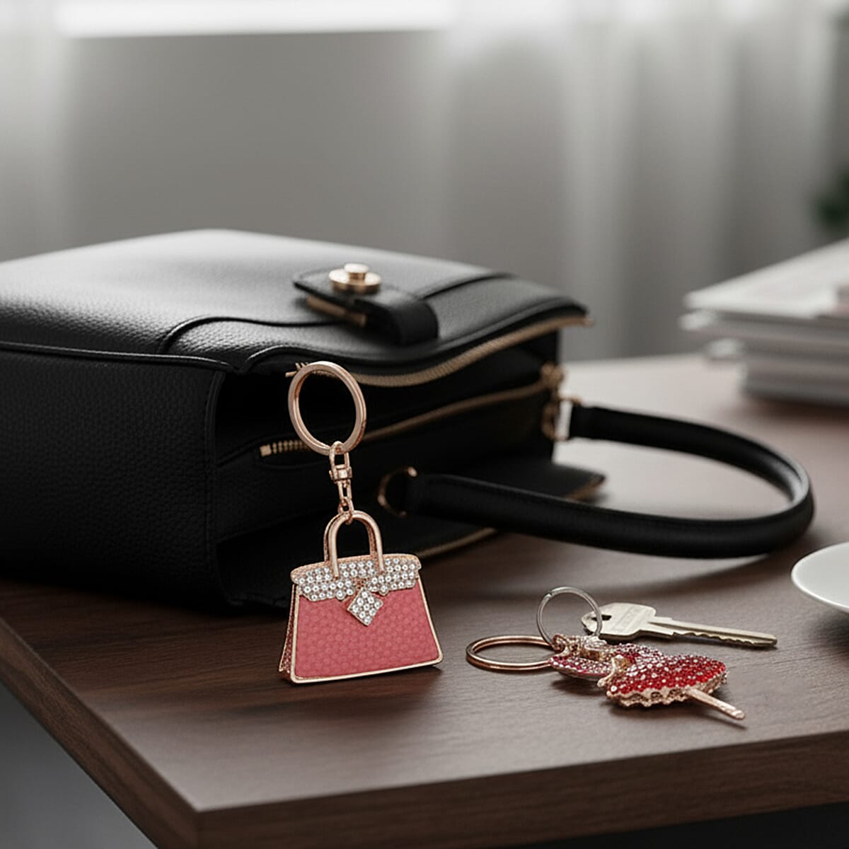 Set of 2 Austrian Crystal Sparkling Ballet Girl & Handbag Keychains- Charms - Pink